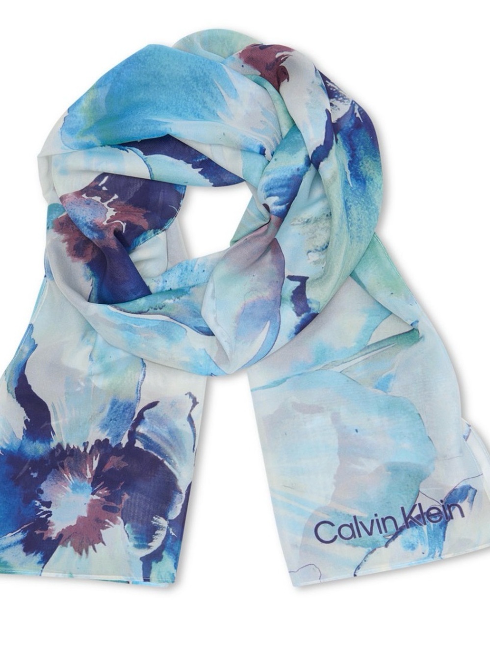 Calvin Klein Aqua and Navy Watercolor Floral Scarf